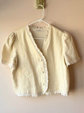 Reformation Bess Linen Top Sugar White Ruffle Button Front 100% Linen Size Large
